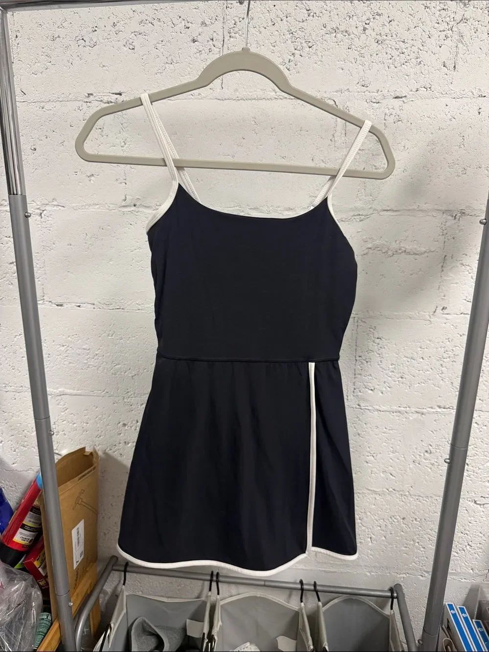 Black Tank Athletic Dress with White Trim Built in Shorts w Pockets Size XS